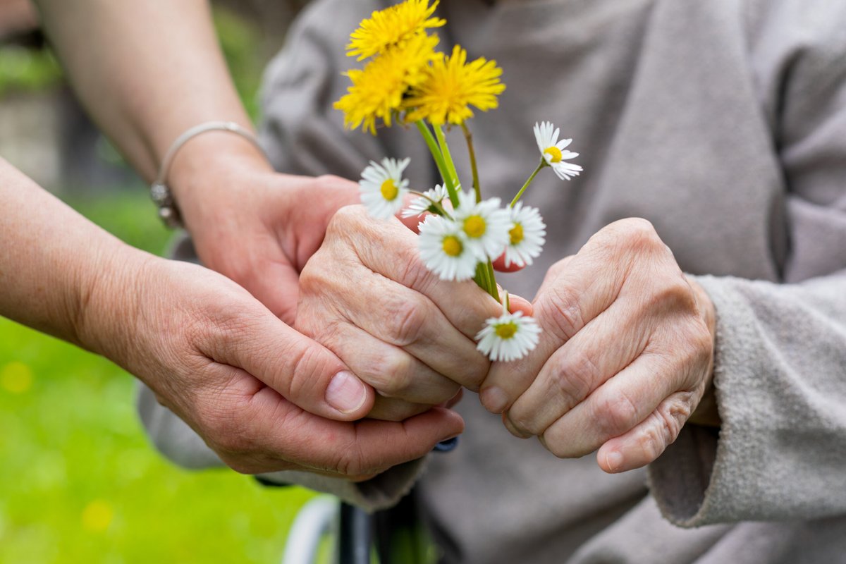 A carer's hand supporting an elderly resident — symbolic of 24/7 nursing care at Cloverleaf